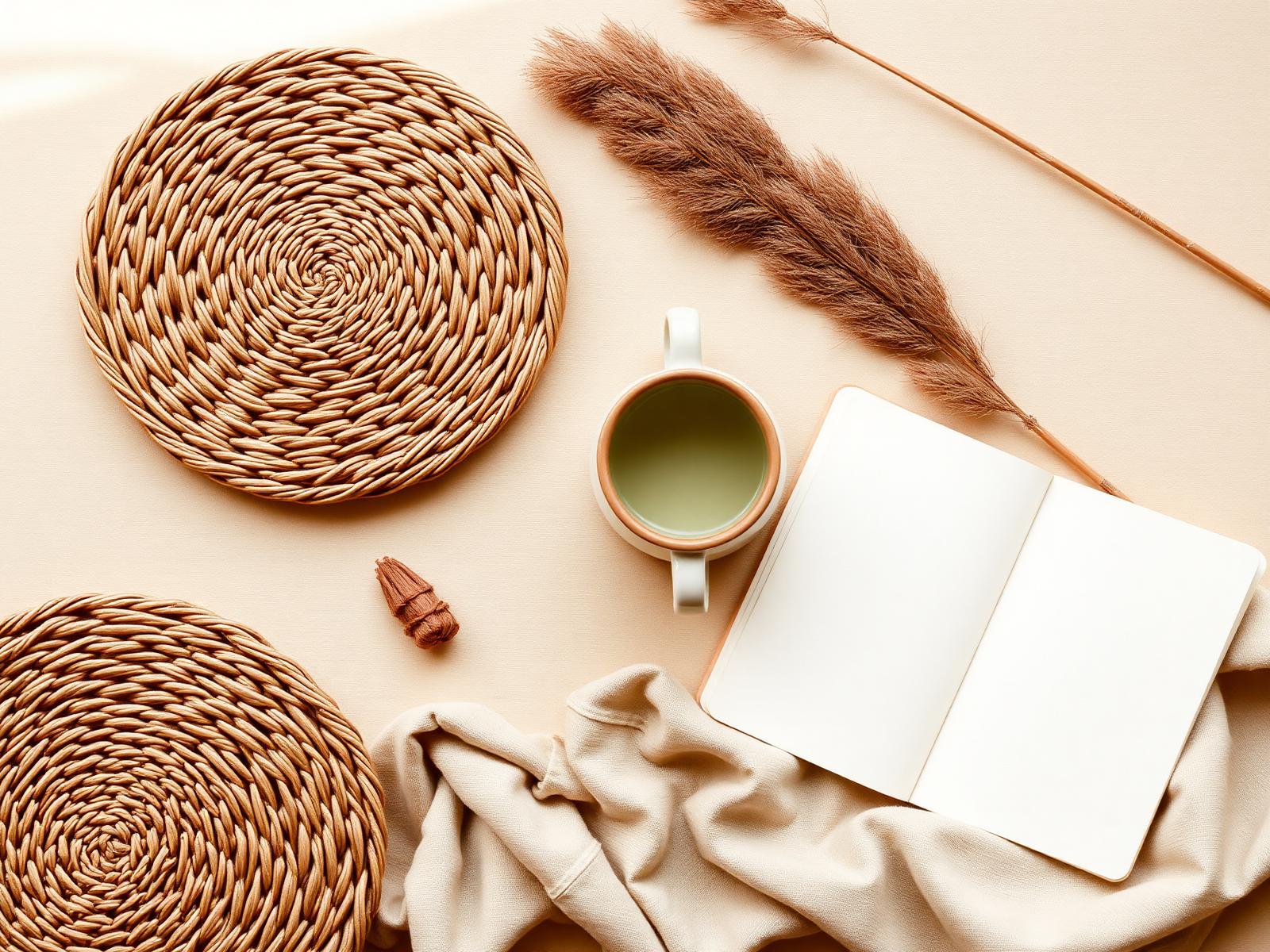 Warm boho flat lay with rattan, pampas grass, linen and a ceramic mug